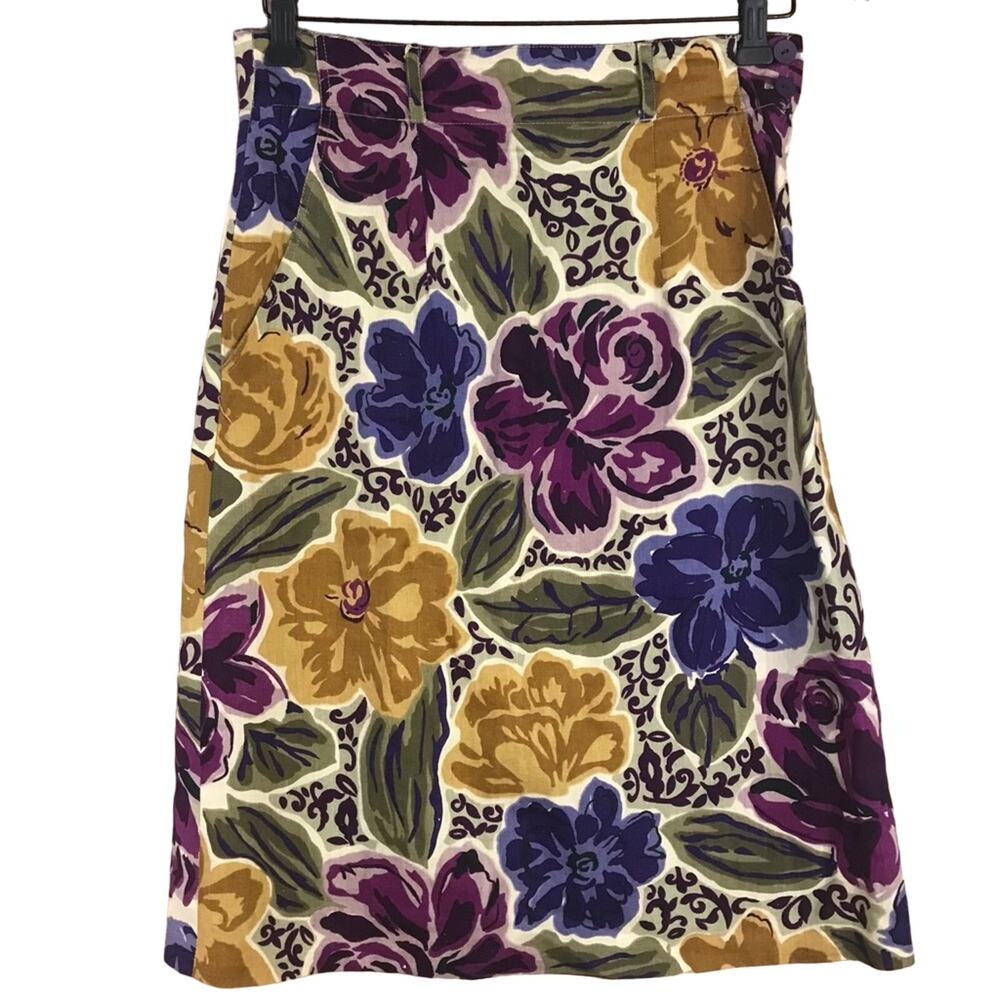 Vintage 100% linen bright floral skirt Outback Red 28” waist WOMEN’S SIZE MEDIUM